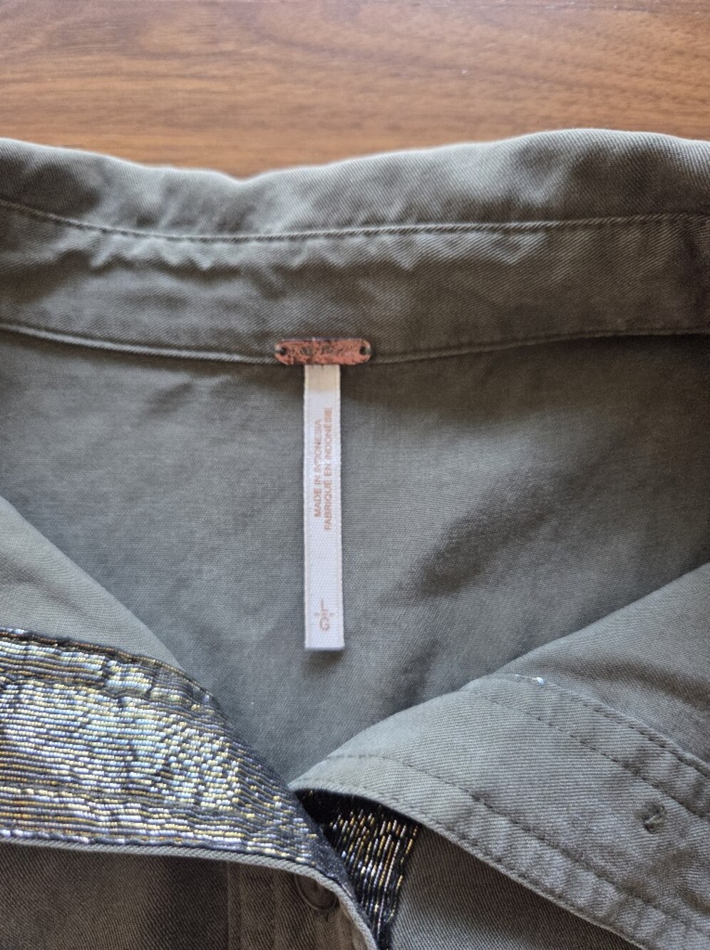 Free People Off Campus Button-Down Shirt Olive Green Metallic Trim - Picture 9 of 11